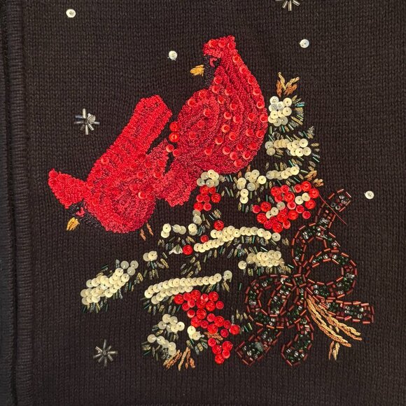 VTG Ugly Christmas Cardigan Sweater Sequined Cardinal Birds Beaded Sz XL Birder - Picture 8 of 12